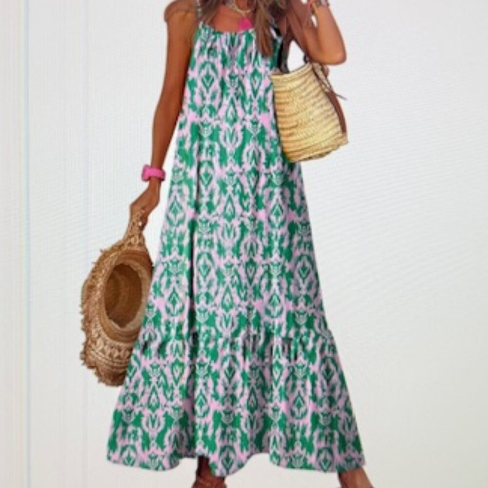 Women Spaghetti Strap Scoop Neck Ruffle Dress